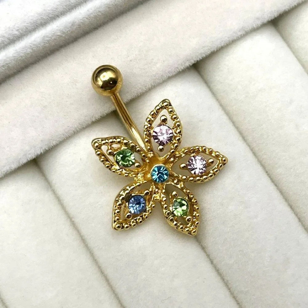 316L Stainless Steel with Multocolored Cubic Zirconia Flower 14G Belly Ring
